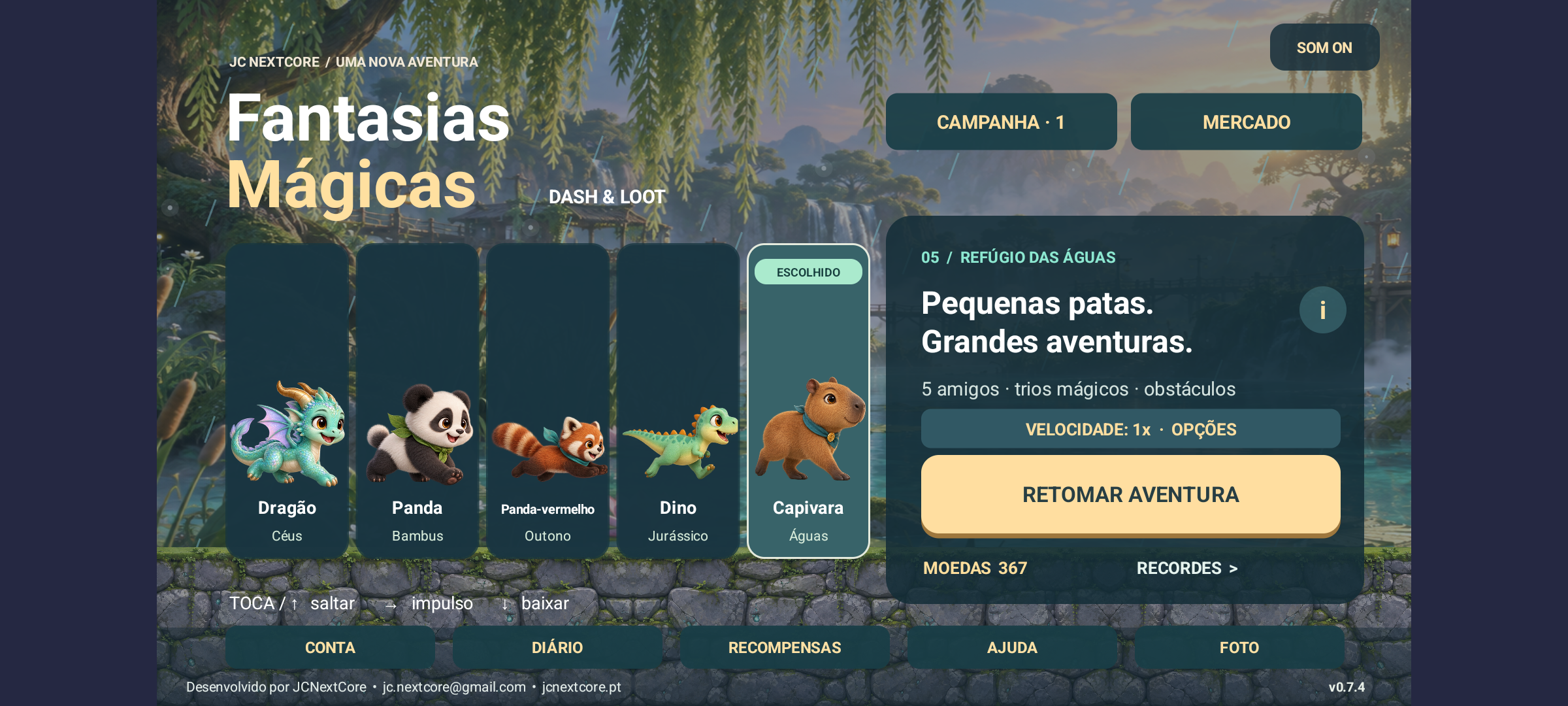 Ecrã do jogo Fantasias Mágicas, com personagens e aventura